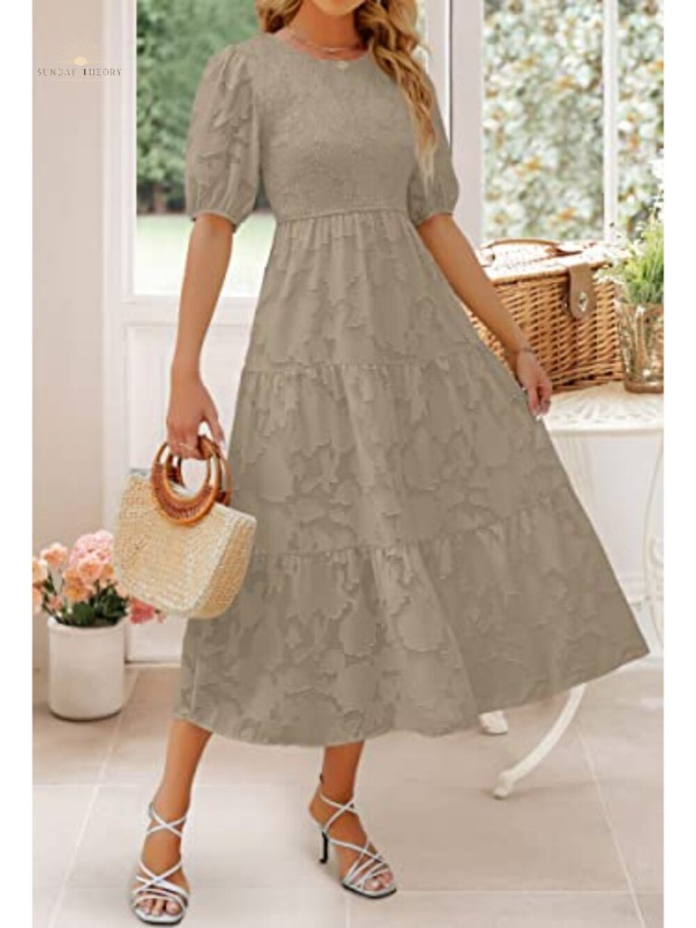 Women's Floral Lace Maxi Dress Puff Sleeve Smocked Wedding Guest - Picture 5 of 6